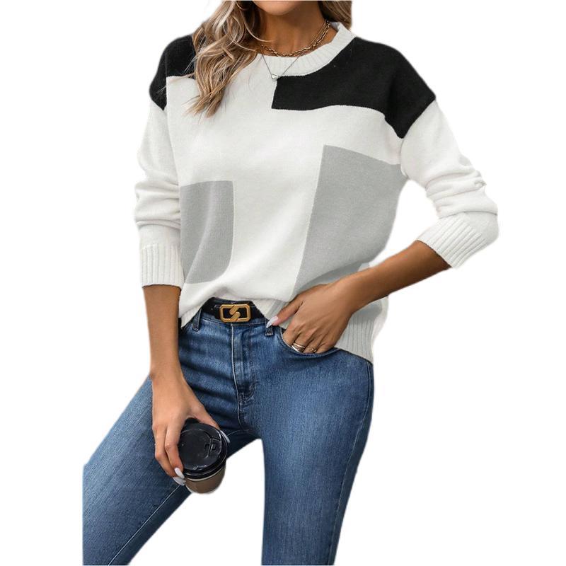 Knitted Sweater Stitching Contrast Color Sweater Loose