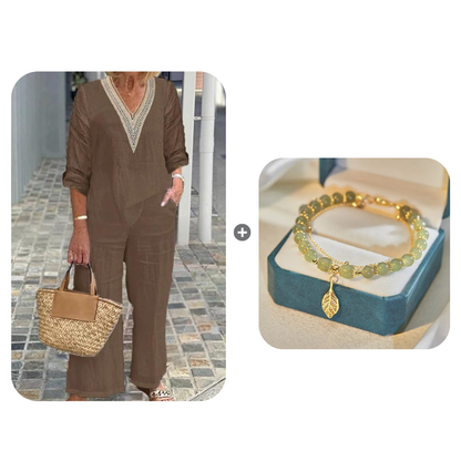 Women's V-Neck Top & Wide-Leg Pants
