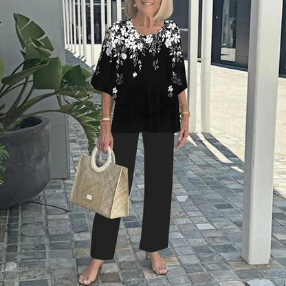 Ingrid – Elegant set med blus och mönstrade byxor