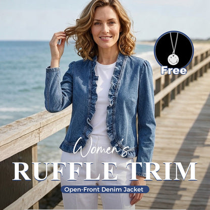 🥳2026 HOT SALE🥳💞50K+ SOLD!👵☀️ 56% OFF! Open-Front Denim Jacket – No buttons, easy on/off. Flattering ruffle trim, breathable fabric. Classic blue wash. A versatile wardrobe staple. 🌿✅