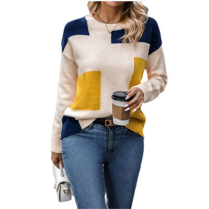 Knitted Sweater Stitching Contrast Color Sweater Loose