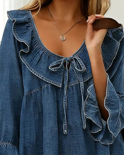 Isolde – Romantisk denimblus med bohemisk charm