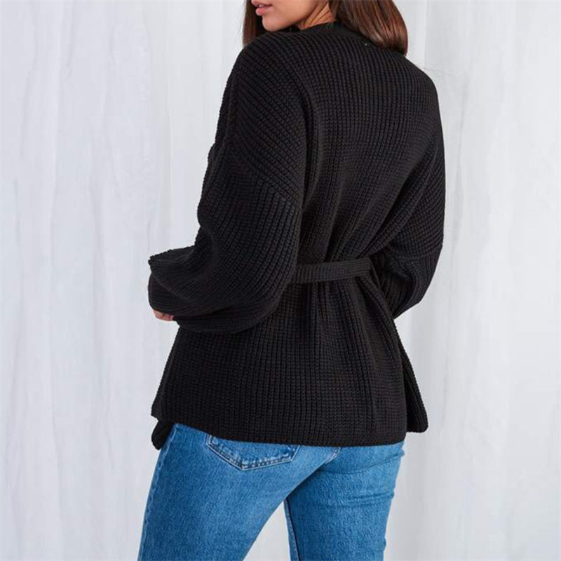 Knit Cardigan Long Sleeve Loose Belted Sweater