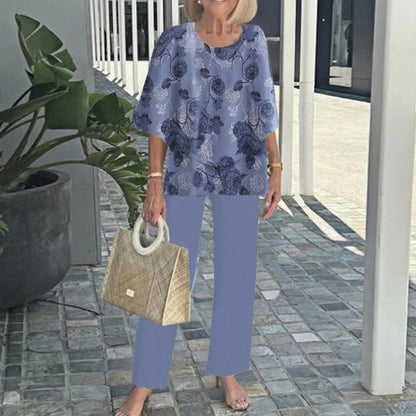 Ingrid – Elegant set med blus och mönstrade byxor