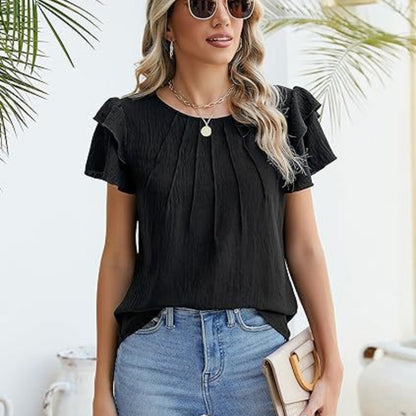 Phelia – Black top with playful flounce sleeves