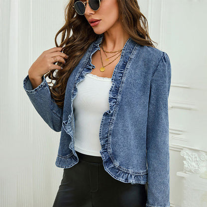 🥳2026 HOT SALE🥳💞50K+ SOLD!👵☀️ 56% OFF! Open-Front Denim Jacket – No buttons, easy on/off. Flattering ruffle trim, breathable fabric. Classic blue wash. A versatile wardrobe staple. 🌿✅