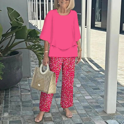 Ingrid – Elegant set med blus och mönstrade byxor