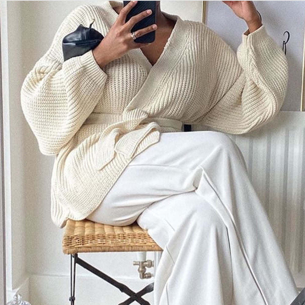 Knit Cardigan Long Sleeve Loose Belted Sweater