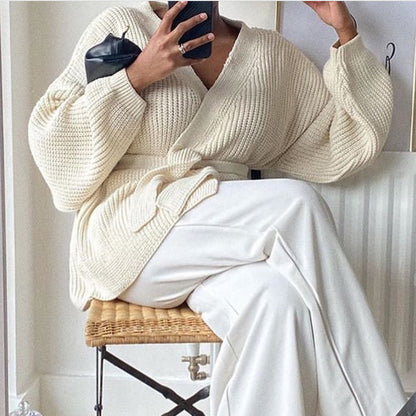 Knit Cardigan Long Sleeve Loose Belted Sweater