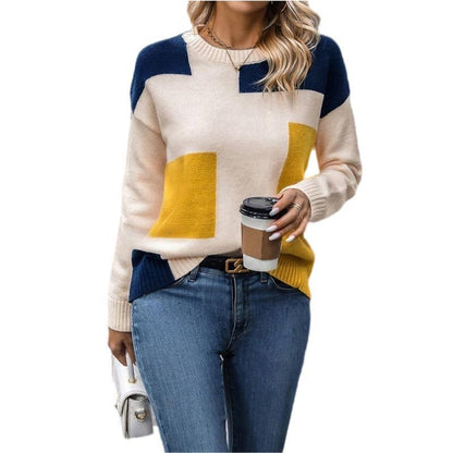 Knitted Sweater Stitching Contrast Color Sweater Loose