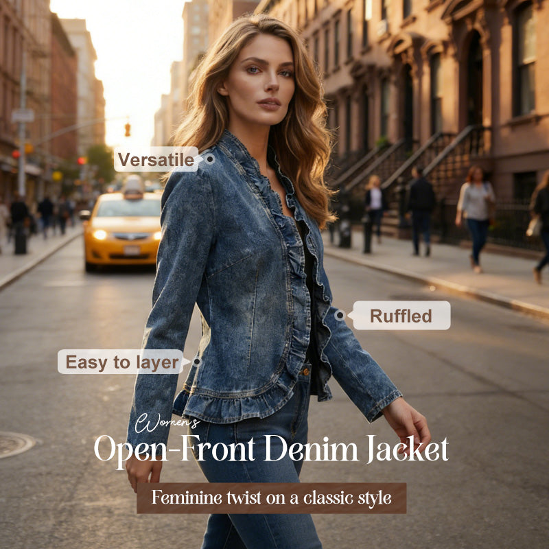 🥳2026 HOT SALE🥳💞50K+ SOLD!👵☀️ 56% OFF! Open-Front Denim Jacket – No buttons, easy on/off. Flattering ruffle trim, breathable fabric. Classic blue wash. A versatile wardrobe staple. 🌿✅